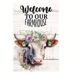 Welcome To Our Farmhouse Cow Heifer Floral Garden Flag